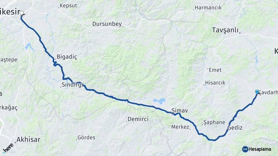 Kütahya Çavdarhisar Balıkesir Arası Kaç Km - Yol Haritası