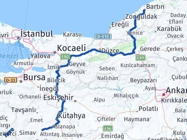Kütahya Çavdarhisar Bartın Arası Kaç Km - Yol Haritası