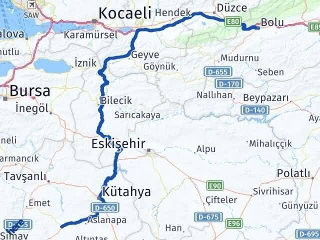 Kütahya Çavdarhisar Bolu Arası Kaç Km - Yol Haritası