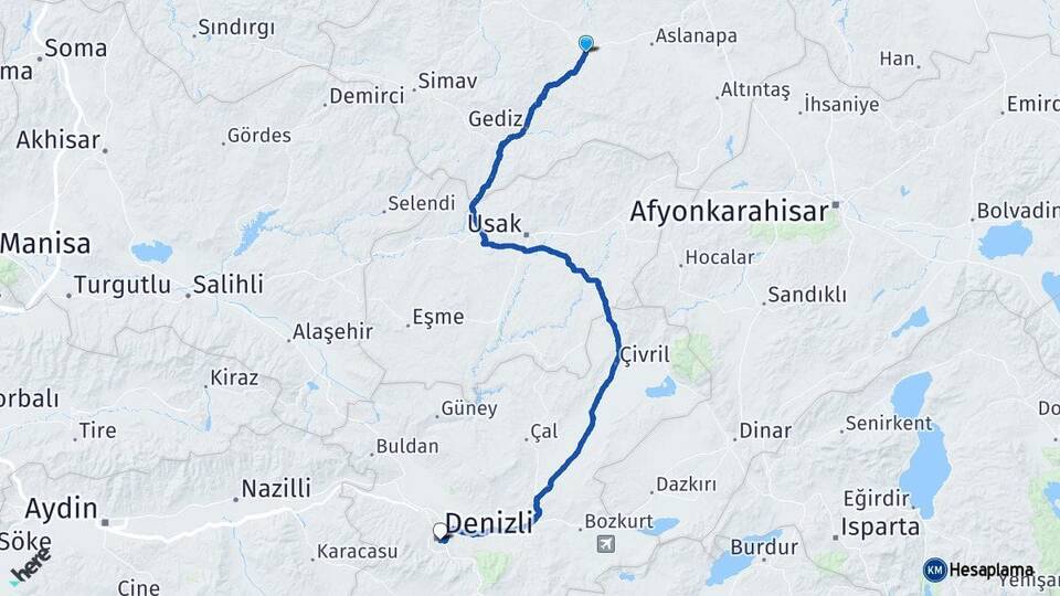 Kütahya Çavdarhisar Denizli Arası Kaç Km - Yol Haritası