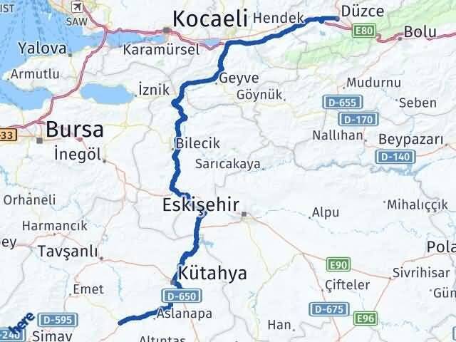 Kütahya Çavdarhisar Düzce Arası Kaç Km - Yol Haritası