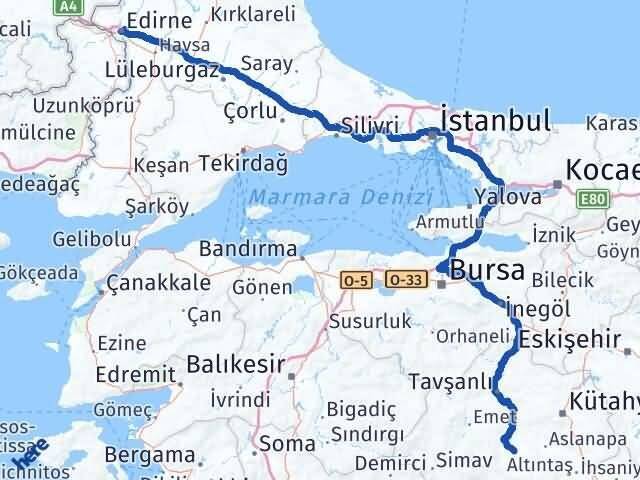 Kütahya Çavdarhisar Edirne Arası Kaç Km - Yol Haritası