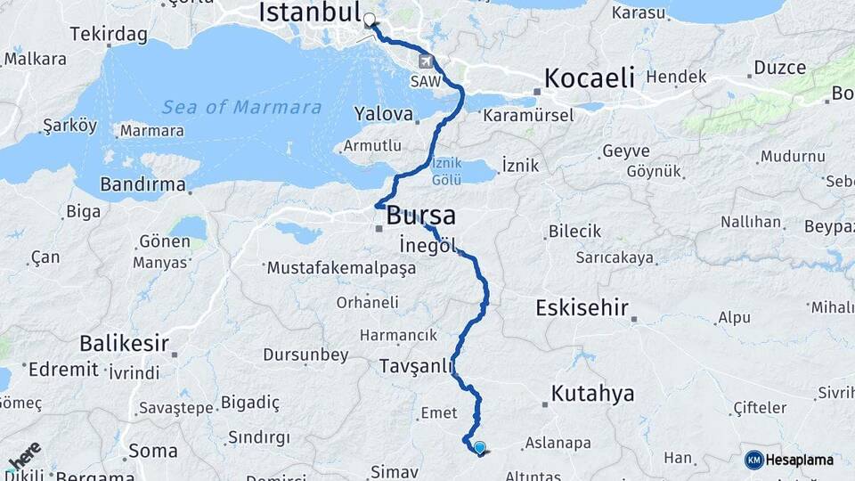 Kütahya Çavdarhisar İstanbul Arası Kaç Km - Yol Haritası