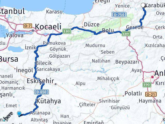 Kütahya Çavdarhisar Karabük Arası Kaç Km - Yol Haritası