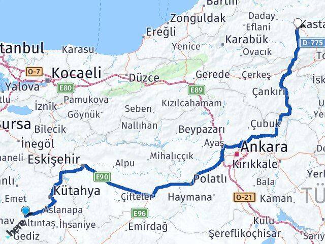 Kütahya Çavdarhisar Kastamonu Arası Kaç Km - Yol Haritası