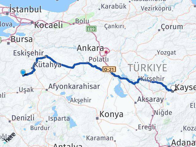 Kütahya Çavdarhisar Kayseri Arası Kaç Km - Yol Haritası