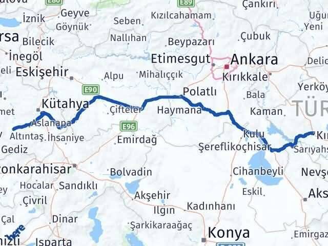 Kütahya Çavdarhisar Kırşehir Arası Kaç Km - Yol Haritası