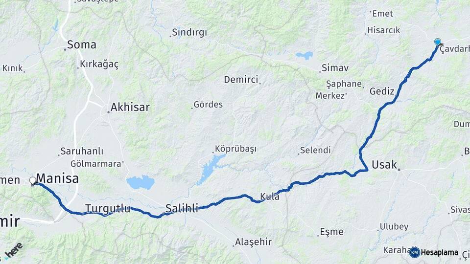 Kütahya Çavdarhisar Manisa Arası Kaç Km - Yol Haritası