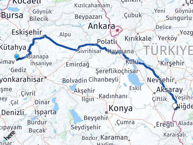 Kütahya Çavdarhisar Niğde Arası Kaç Km - Yol Haritası
