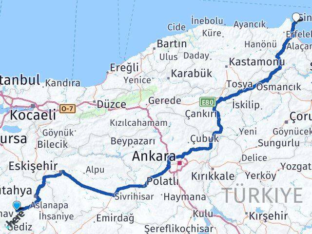 Kütahya Çavdarhisar Sinop Arası Kaç Km - Yol Haritası
