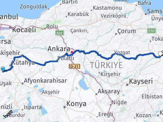 Kütahya Çavdarhisar Sivas Arası Kaç Km - Yol Haritası