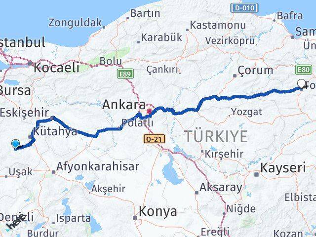 Kütahya Çavdarhisar Tokat Arası Kaç Km - Yol Haritası