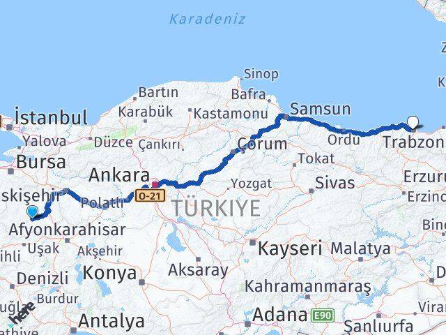 Kütahya Çavdarhisar Trabzon Arası Kaç Km - Yol Haritası