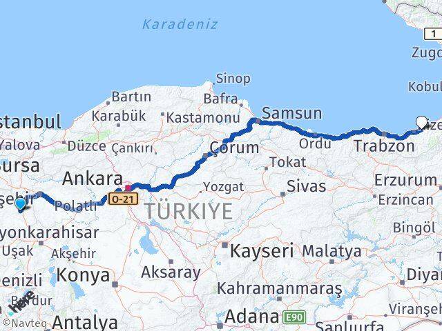 Kütahya Çayeli Rize Arası Kaç Km - Yol Haritası