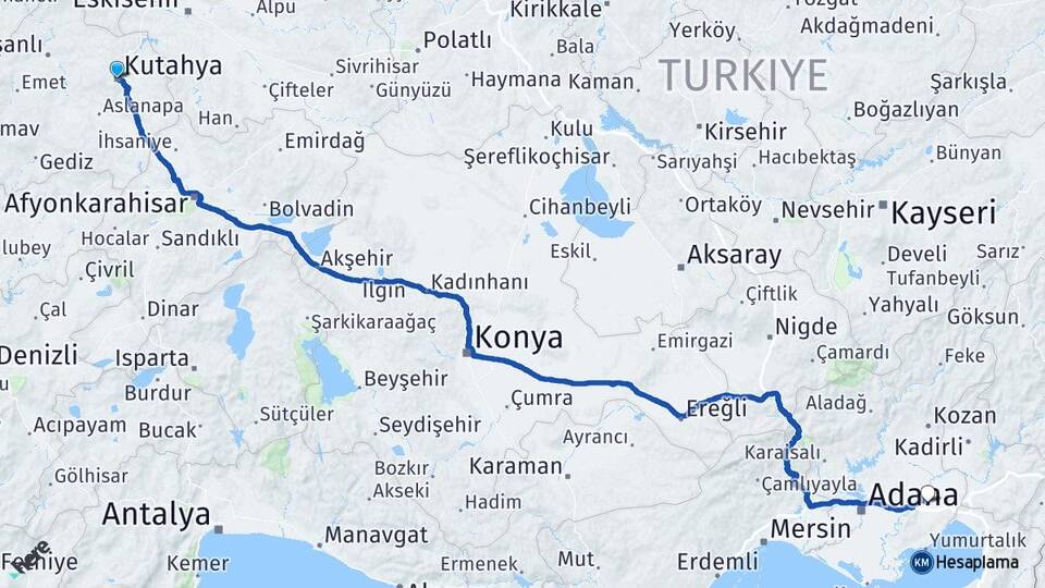 Kütahya Ceyhan Adana Arası Kaç Km - Yol Haritası