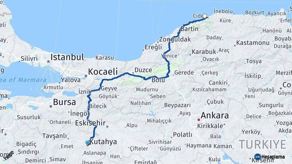 Kütahya Cide Kastamonu Arası Kaç Km - Yol Haritası