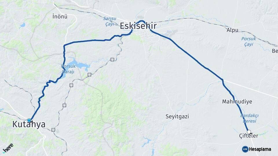 Kütahya Çifteler Eskişehir Arası Kaç Km - Yol Haritası