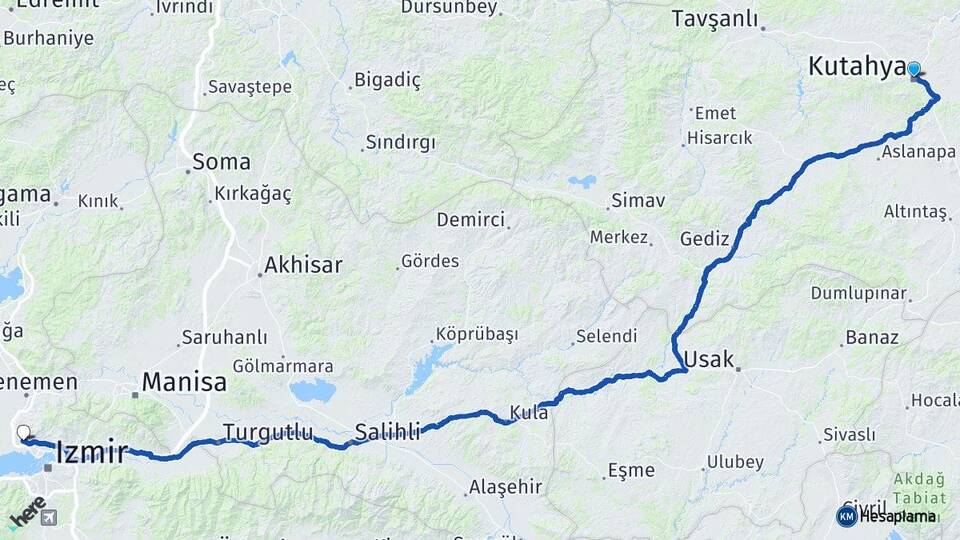 Kütahya Çiğli İzmir Arası Kaç Km - Yol Haritası