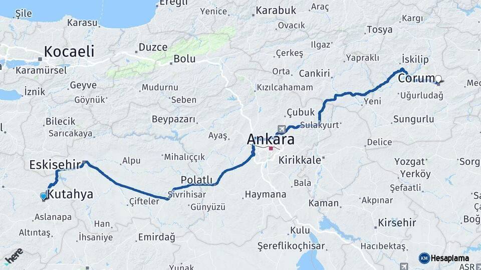 Kütahya Çorum Arası Kaç Km - Yol Haritası