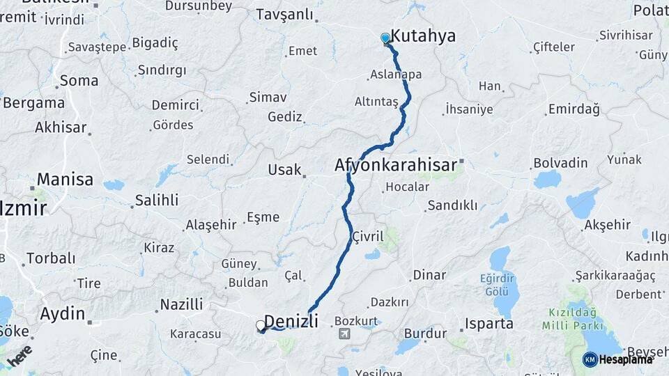Kütahya Denizli Arası Kaç Km - Yol Haritası
