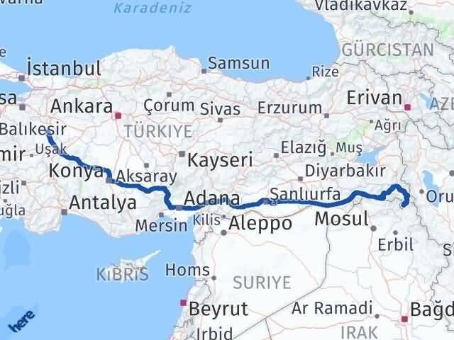 Kütahya Derecik Hakkari Arası Kaç Km - Yol Haritası