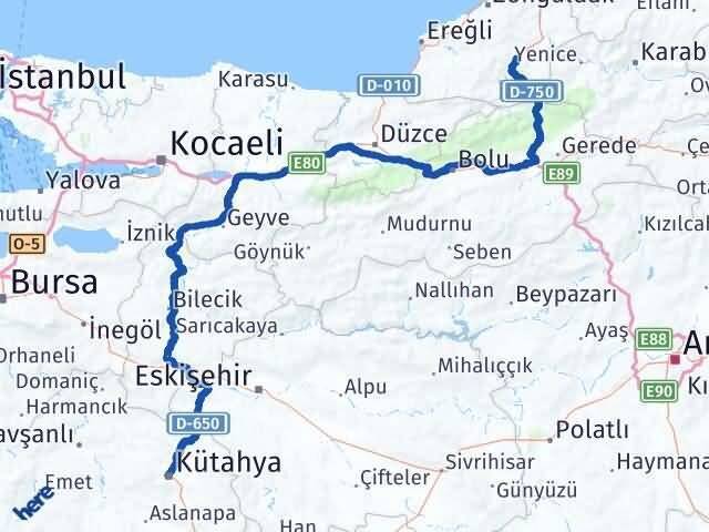 Kütahya Devrek Zonguldak Arası Kaç Km - Yol Haritası