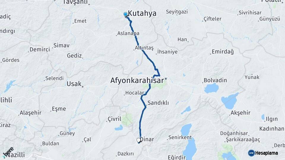 Kütahya Dinar Afyonkarahisar Arası Kaç Km - Yol Haritası