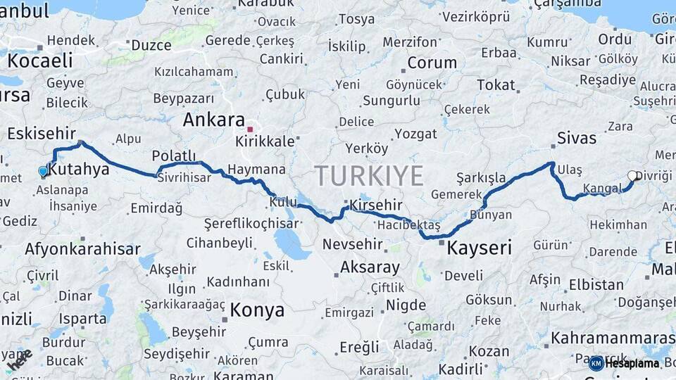 Kütahya Divriği Sivas Arası Kaç Km - Yol Haritası