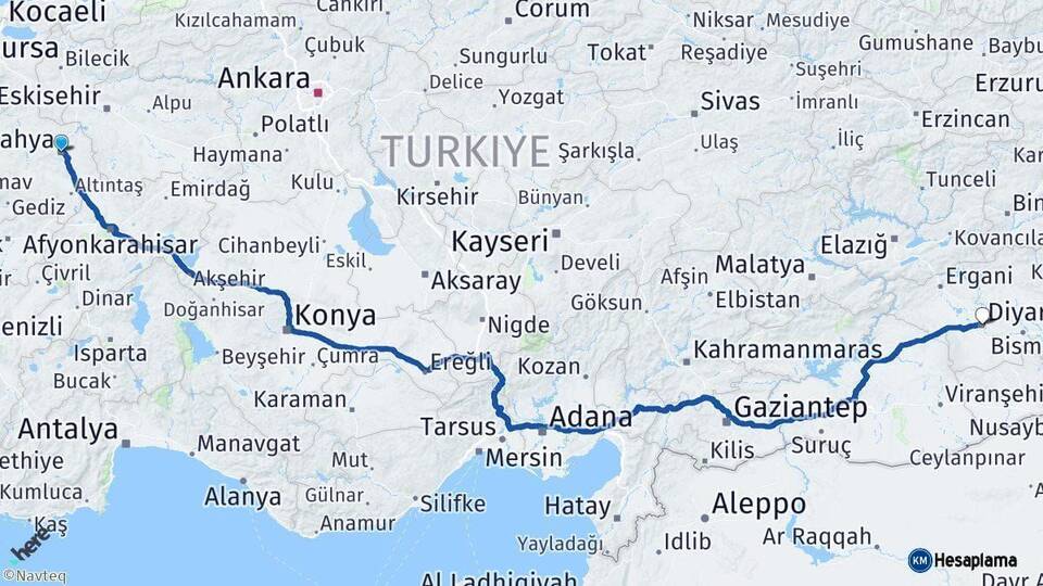 Kütahya Diyarbakır Arası Kaç Km - Yol Haritası