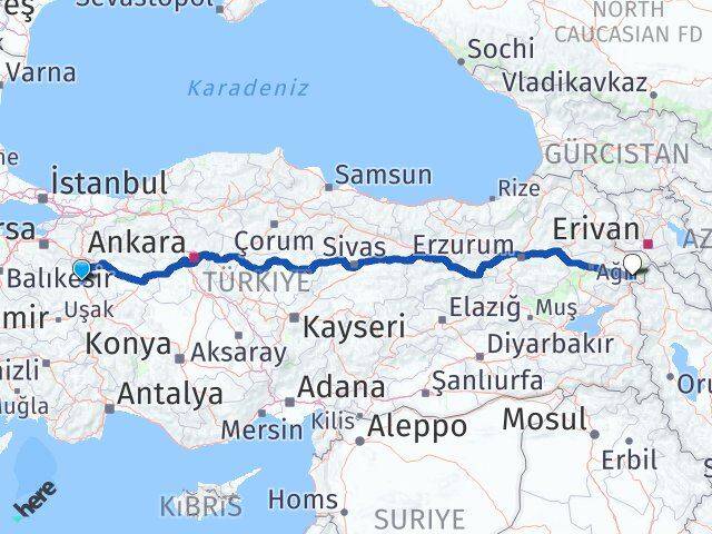 Kütahya Doğubayazıt Ağrı Arası Kaç Km - Yol Haritası