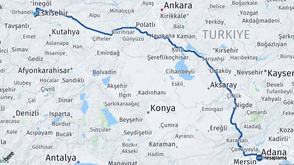 Kütahya Domaniç Adana Arası Kaç Km - Yol Haritası