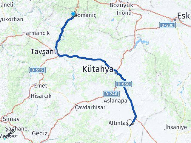 Kütahya Domaniç Altıntaş Arası Kaç Km - Yol Haritası