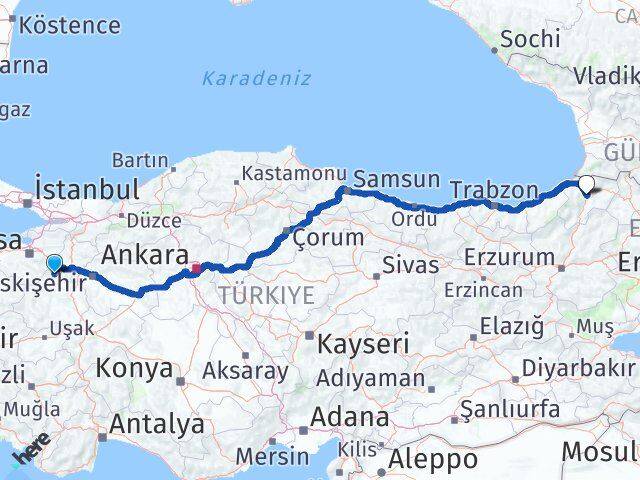 Kütahya Domaniç Artvin Arası Kaç Km - Yol Haritası