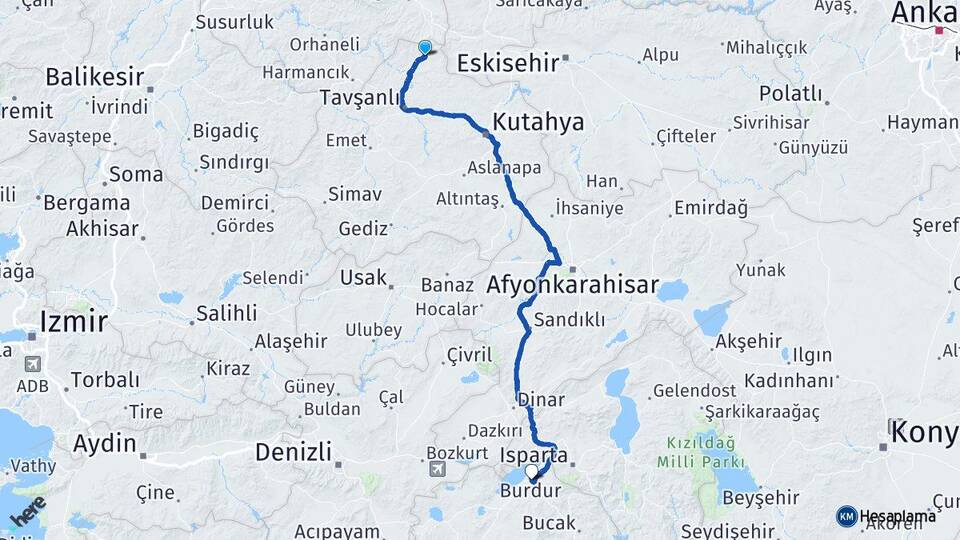Kütahya Domaniç Burdur Arası Kaç Km - Yol Haritası