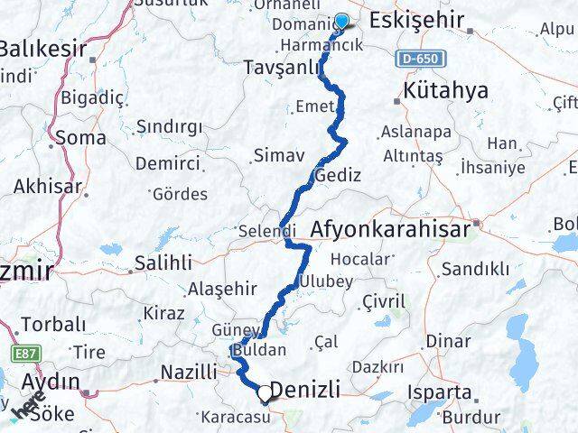 Kütahya Domaniç Denizli Arası Kaç Km - Yol Haritası