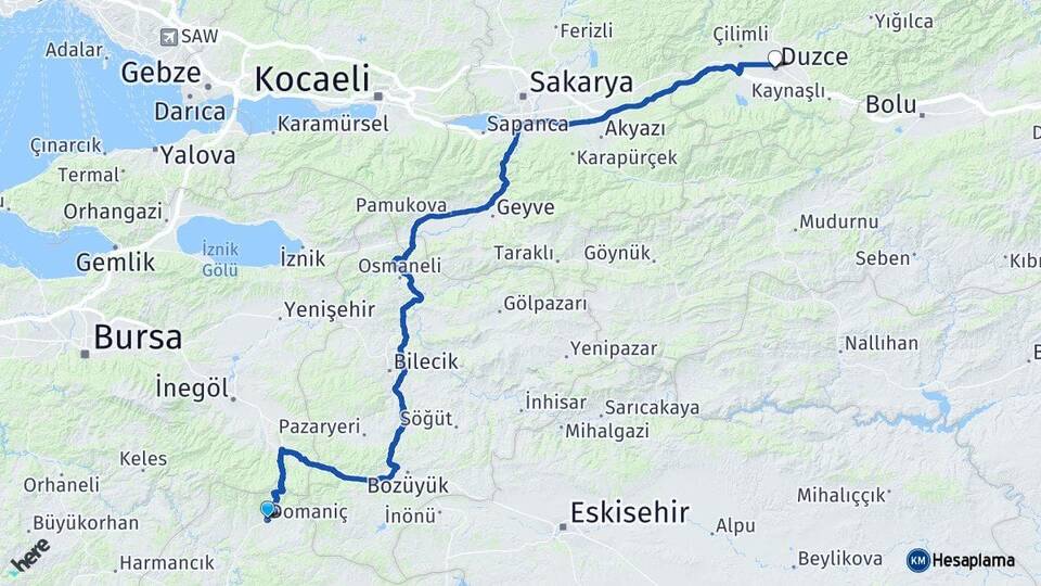 Kütahya Domaniç Düzce Arası Kaç Km - Yol Haritası