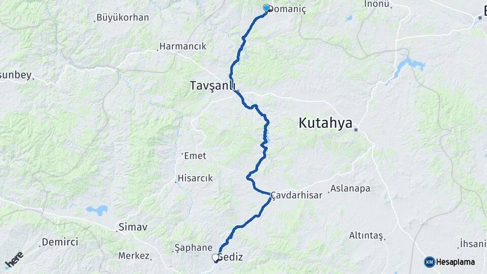 Kütahya Domaniç Gediz Arası Kaç Km - Yol Haritası