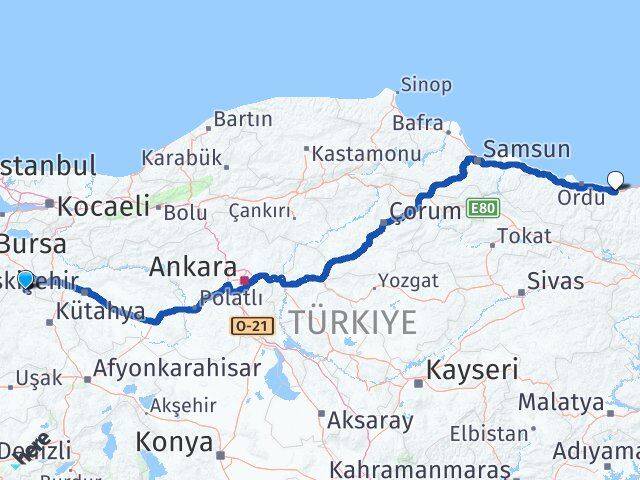 Kütahya Domaniç Giresun Arası Kaç Km - Yol Haritası