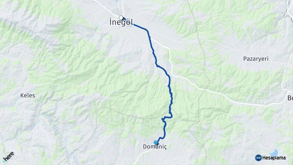 Kütahya Domaniç İnegöl Bursa Arası Kaç Km - Yol Haritası