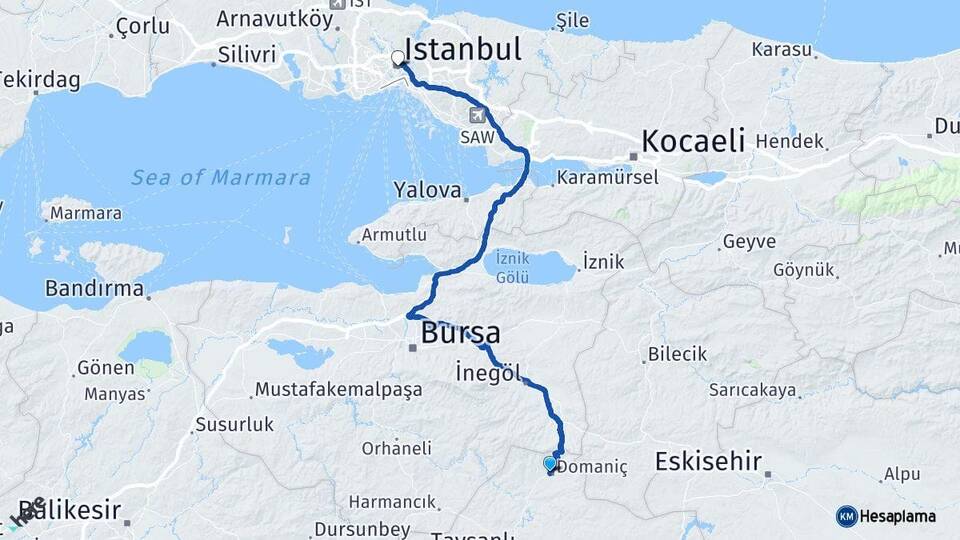 Kütahya Domaniç İstanbul Arası Kaç Km - Yol Haritası