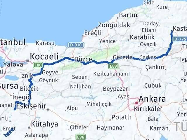 Kütahya Domaniç Kastamonu Arası Kaç Km - Yol Haritası