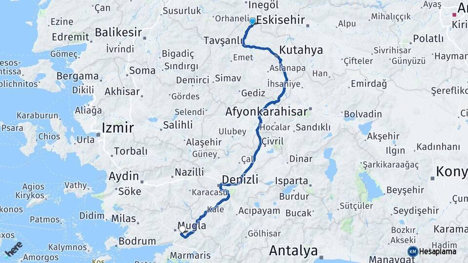 Kütahya Domaniç Muğla Arası Kaç Km - Yol Haritası