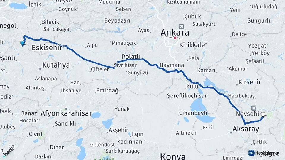 Kütahya Domaniç Nevşehir Arası Kaç Km - Yol Haritası