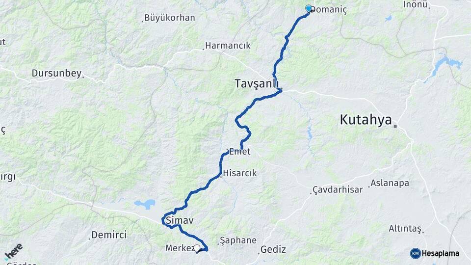 Kütahya Domaniç Pazarlar Arası Kaç Km - Yol Haritası