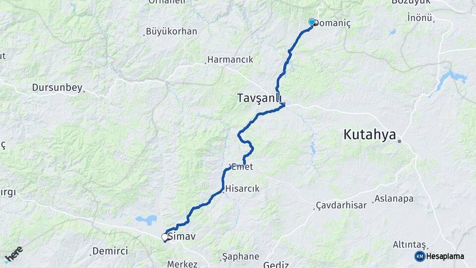Kütahya Domaniç Simav Arası Kaç Km - Yol Haritası