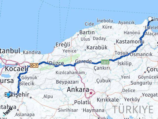 Kütahya Domaniç Sinop Arası Kaç Km - Yol Haritası
