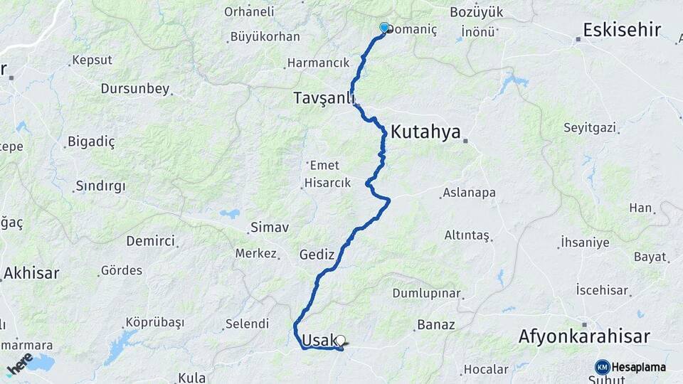 Kütahya Domaniç Uşak Arası Kaç Km - Yol Haritası
