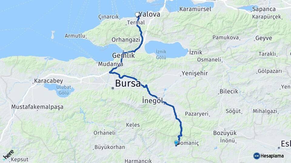 Kütahya Domaniç Yalova Arası Kaç Km - Yol Haritası