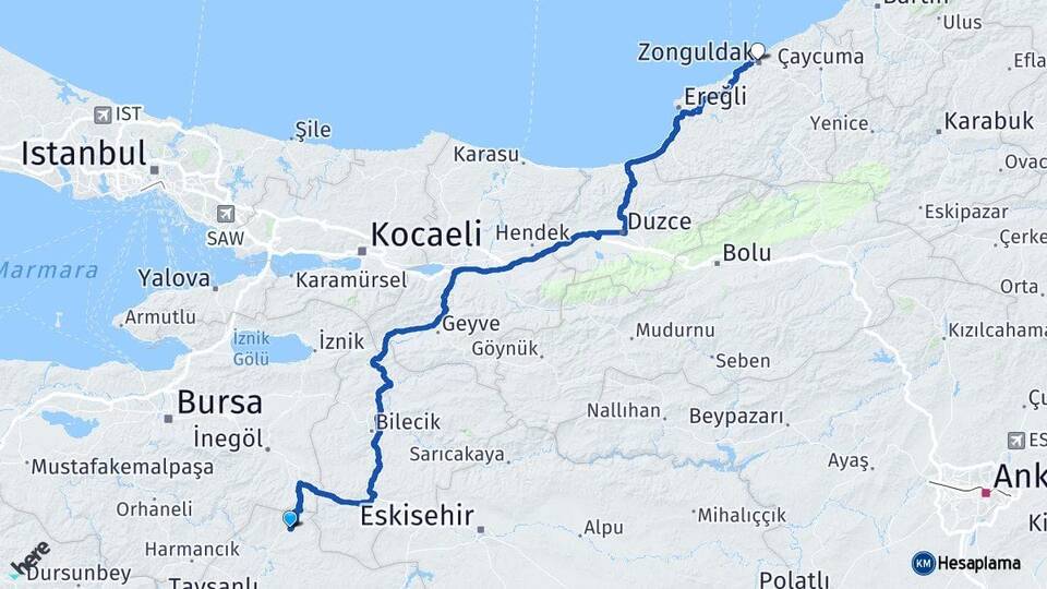 Kütahya Domaniç Zonguldak Arası Kaç Km - Yol Haritası