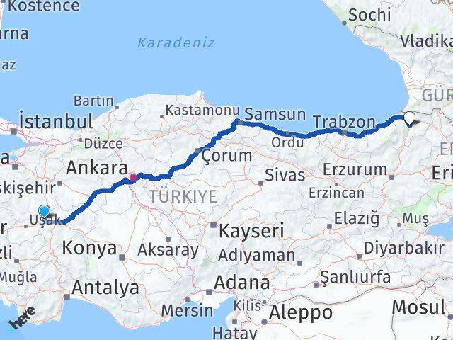 Kütahya Dumlupınar Artvin Arası Kaç Km - Yol Haritası